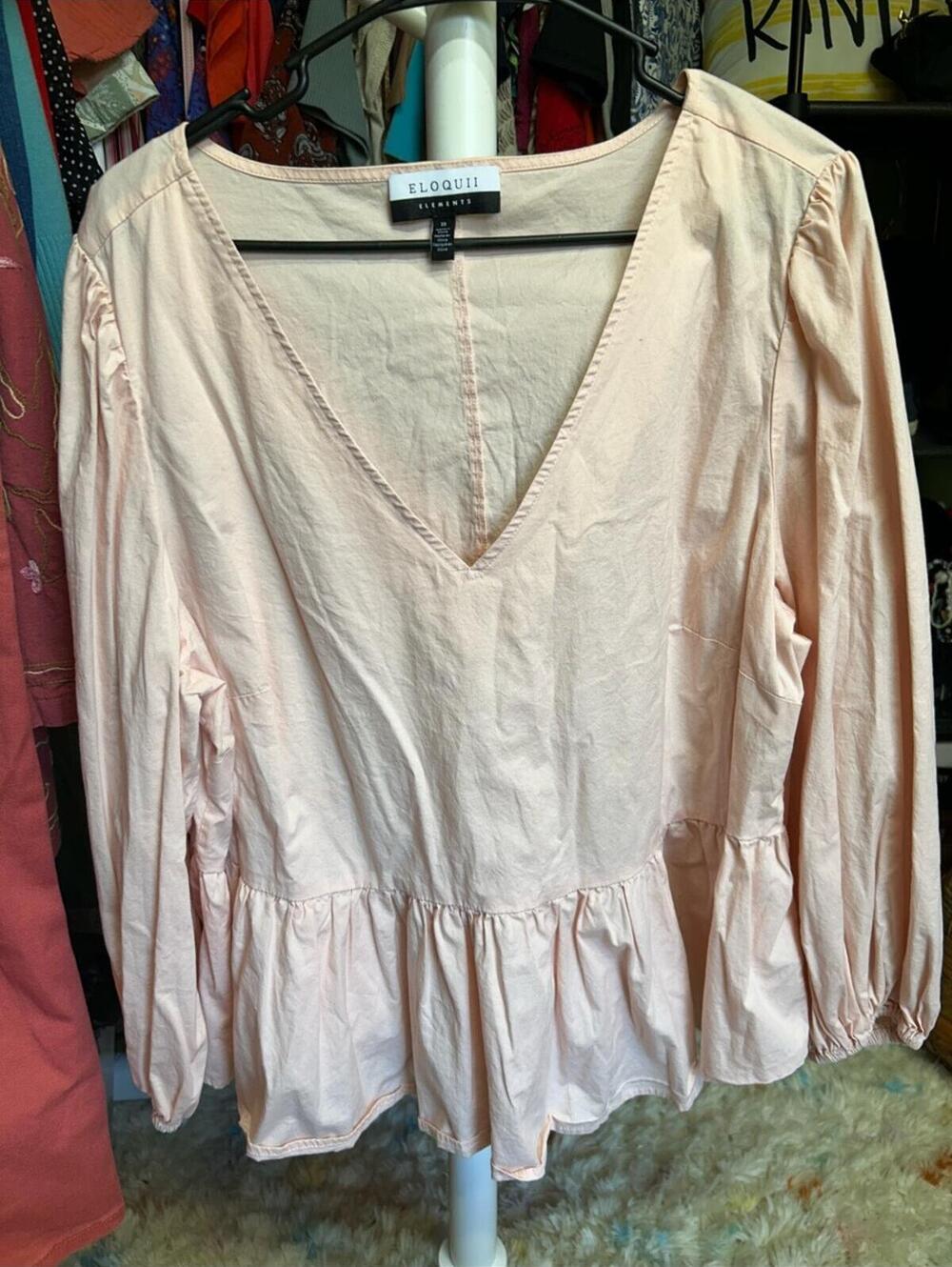 Eloquii Blush Pink V-Neck Peplum Long-Sleeve Blouse Size 18